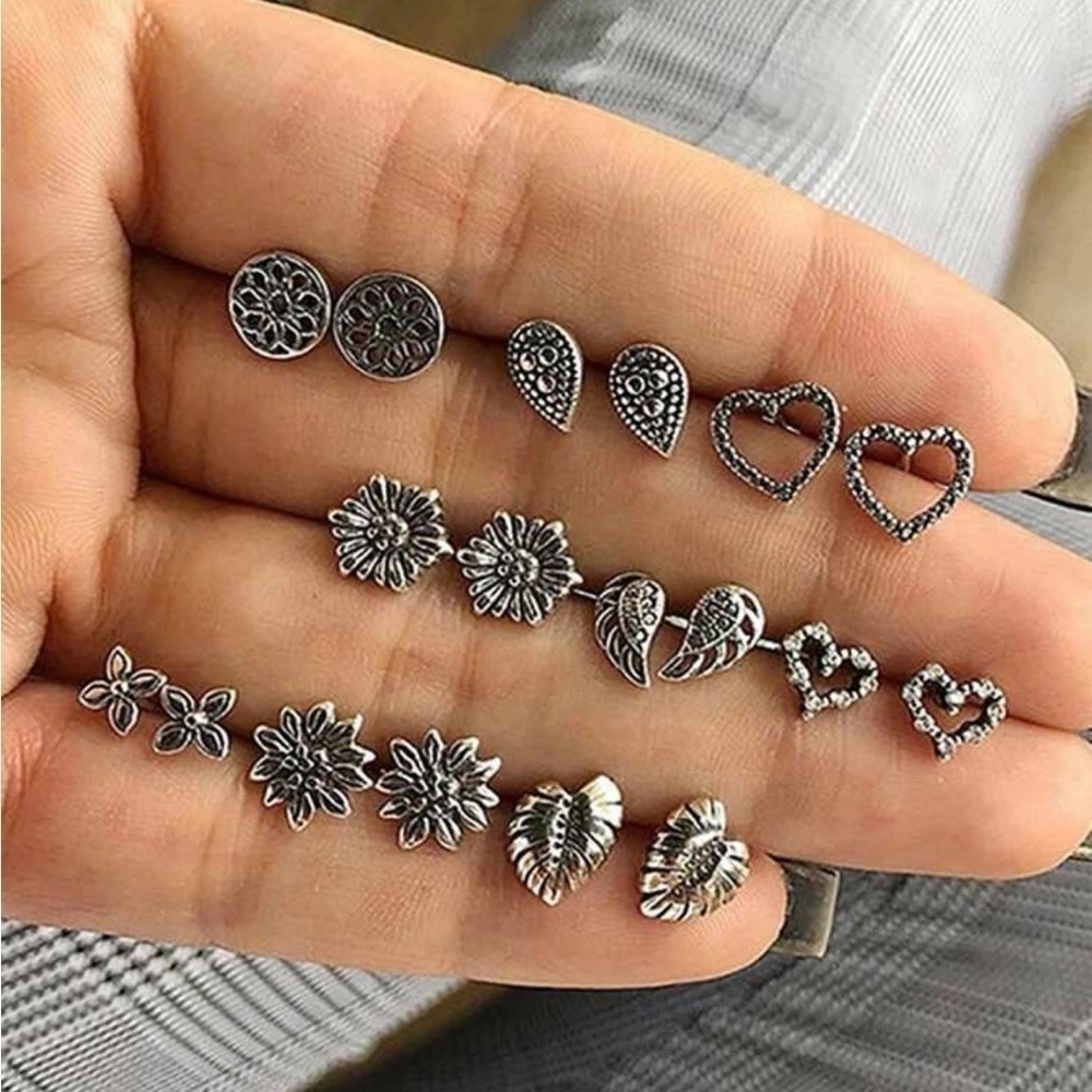 SILVER 9 Pairs Leaf & Heart Earring Set